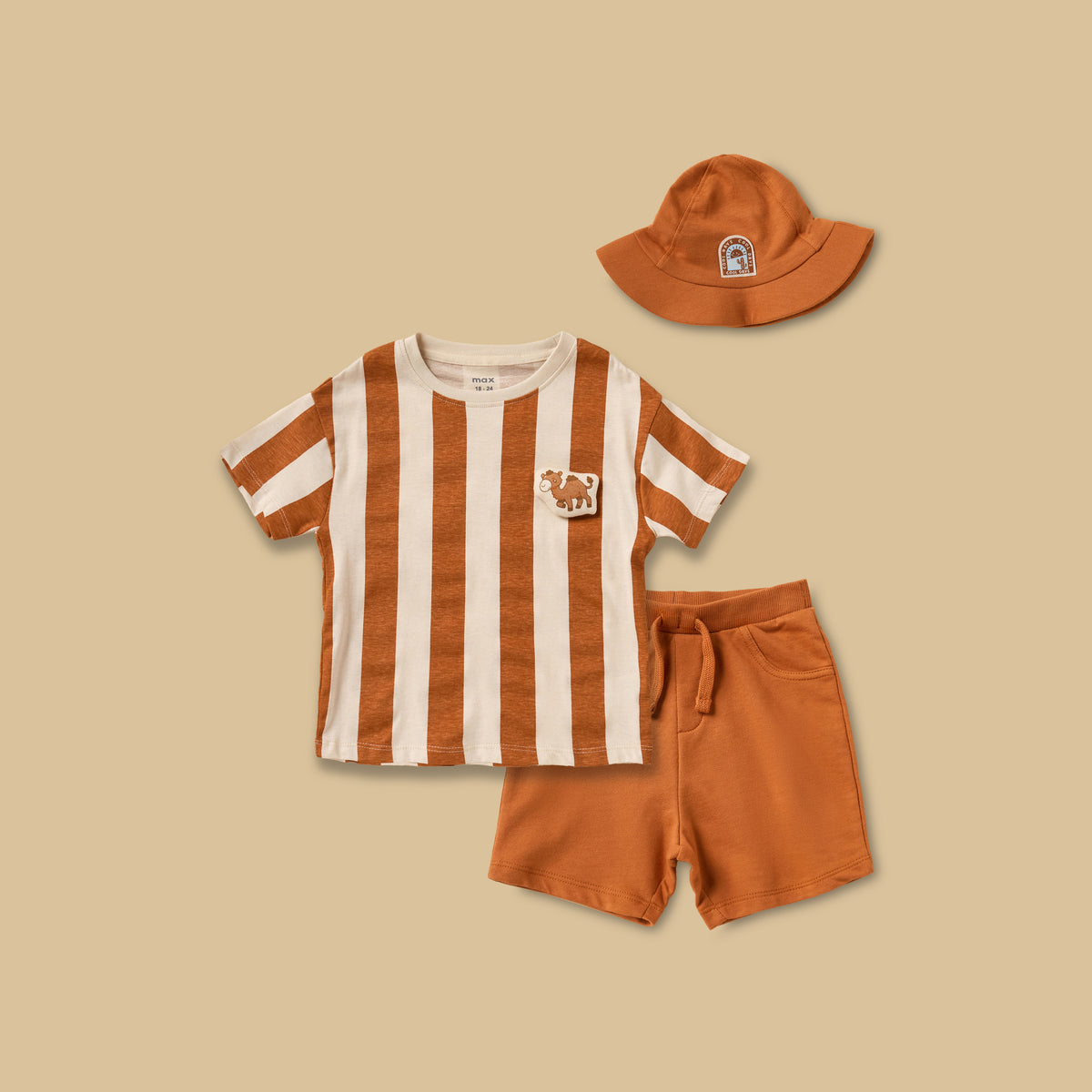 Striped Cotton T-shirt and Shorts Set with Cap