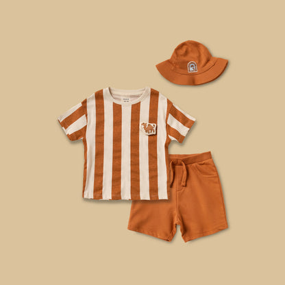 Striped Cotton T-shirt and Shorts Set with Cap