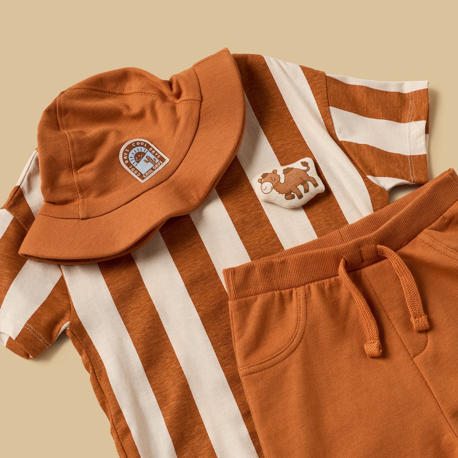 Striped Cotton T-shirt and Shorts Set with Cap