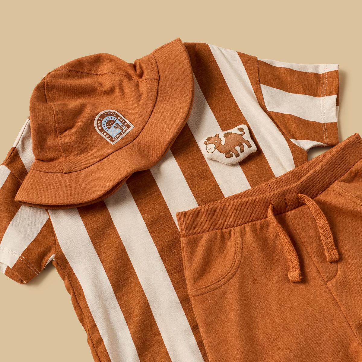 Striped Cotton T-shirt and Shorts Set with Cap
