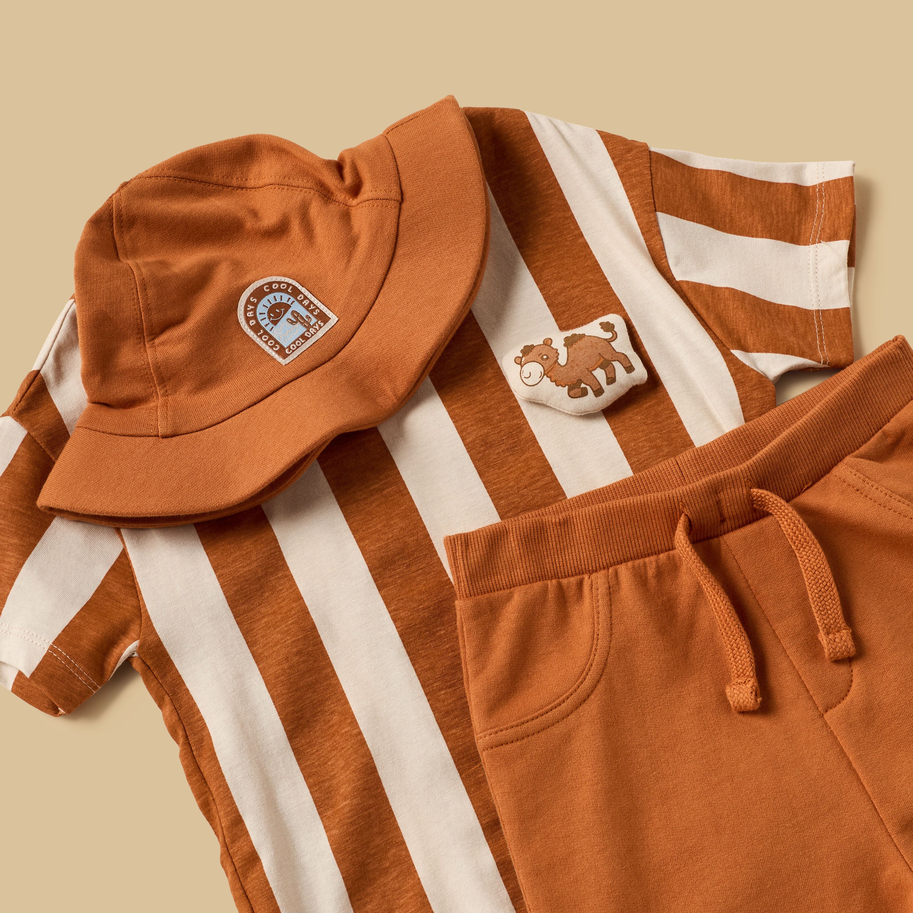 Striped Cotton T-shirt and Shorts Set with Cap