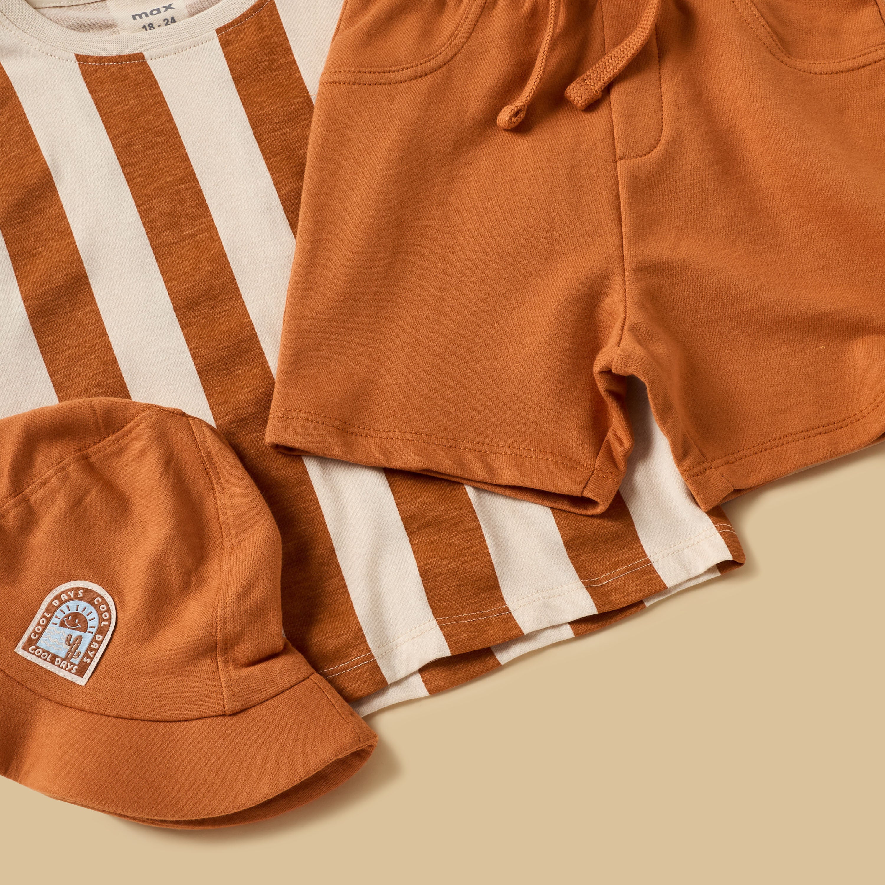 Striped Cotton T-shirt and Shorts Set with Cap