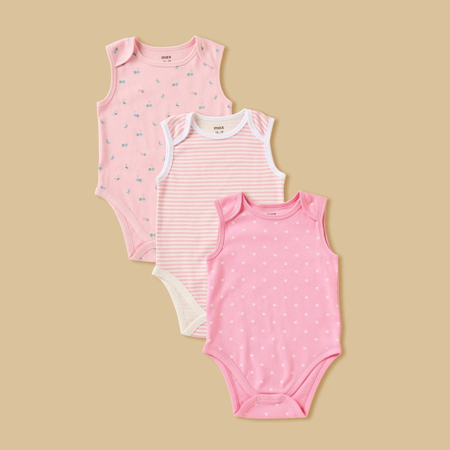Pack of 3 - Printed Sleeveless Bodysuit - Pink / 12-18 mths