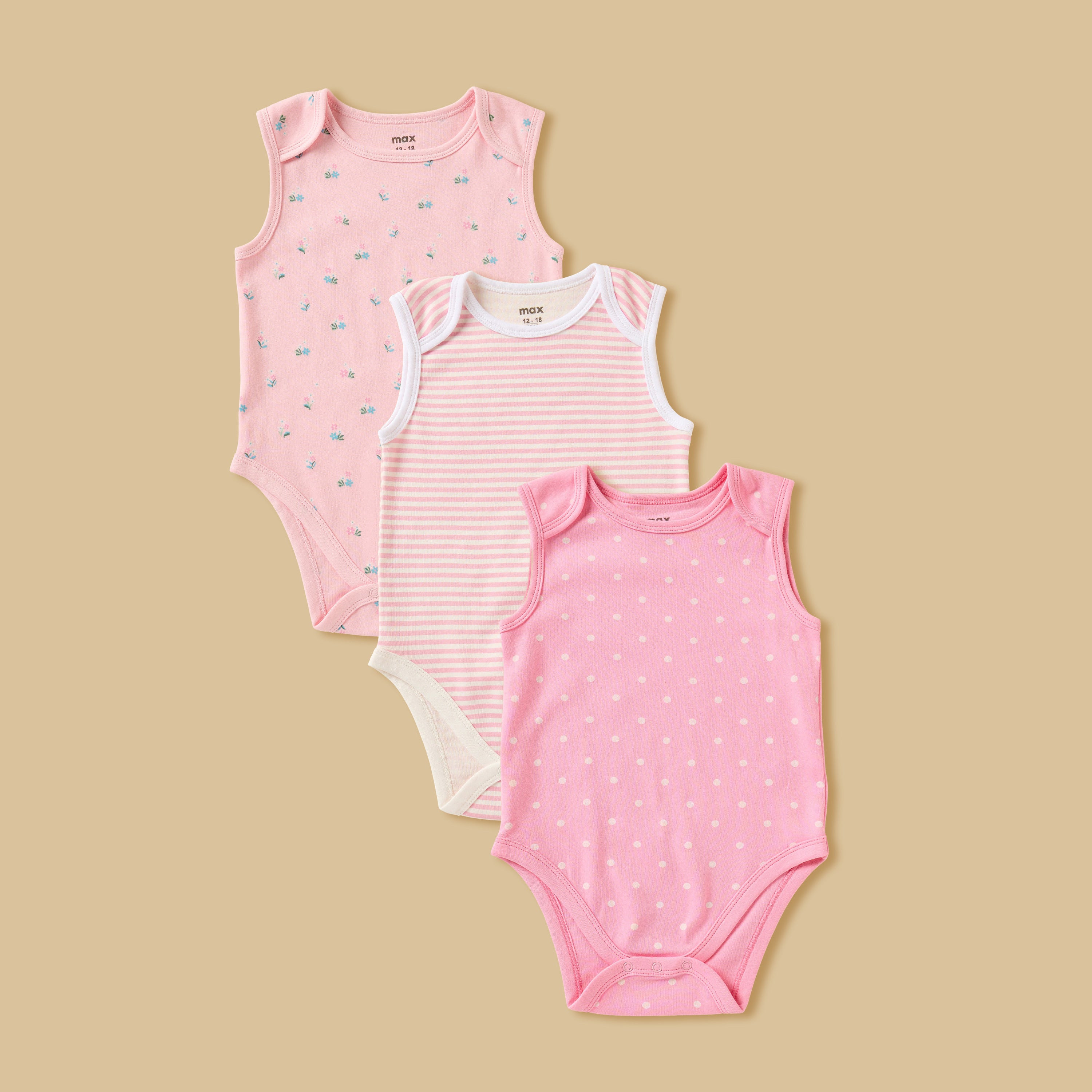 Pack of 3 - Printed Sleeveless Bodysuit - Pink / 12-18 mths