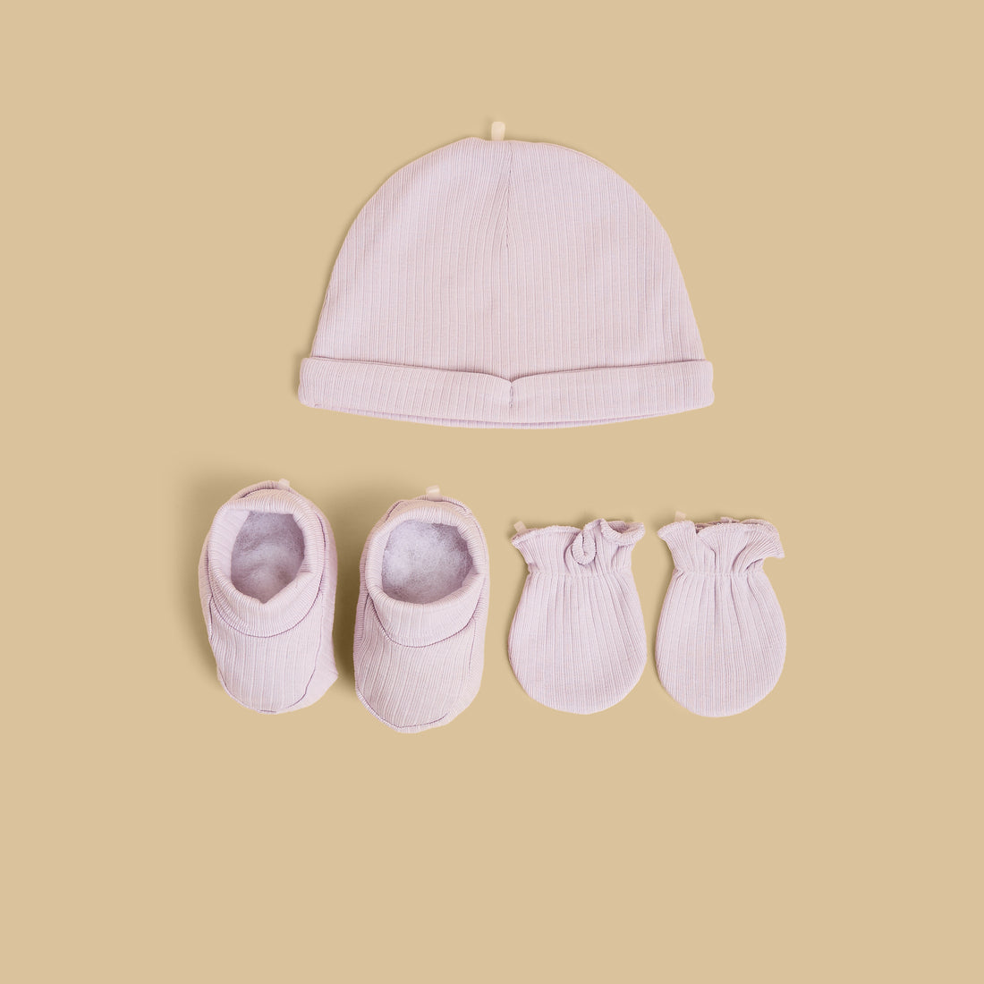 Ribbed Beanie with Booties and Mittens - Purple / Free Size