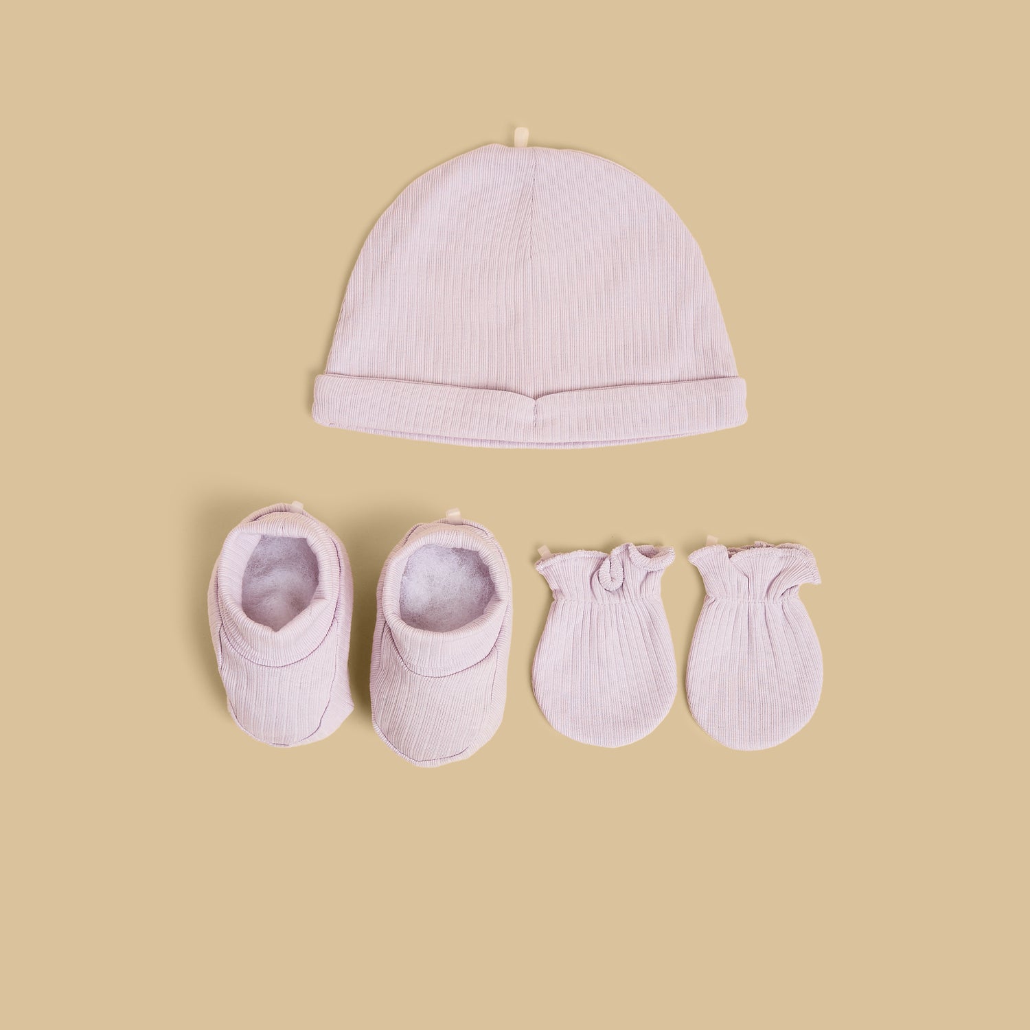 Ribbed Beanie with Booties and Mittens - Purple / Free Size