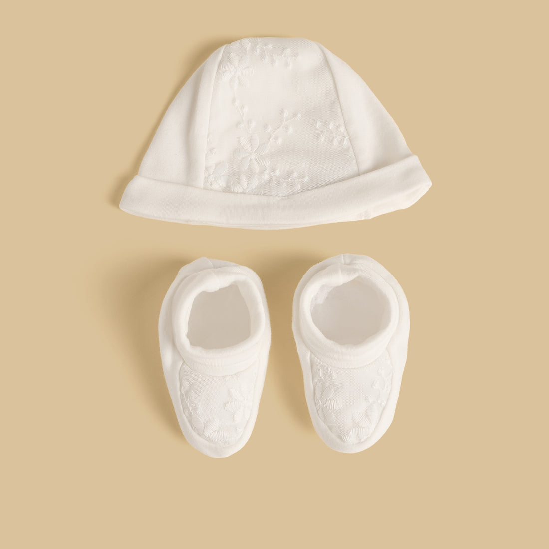Floral Embroidered Cap with Booties - White
