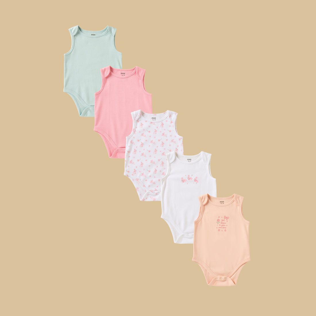 Pack of 5 - Assorted Cotton Sleeveless Bodysuit - Multicolour / 12-18 mths