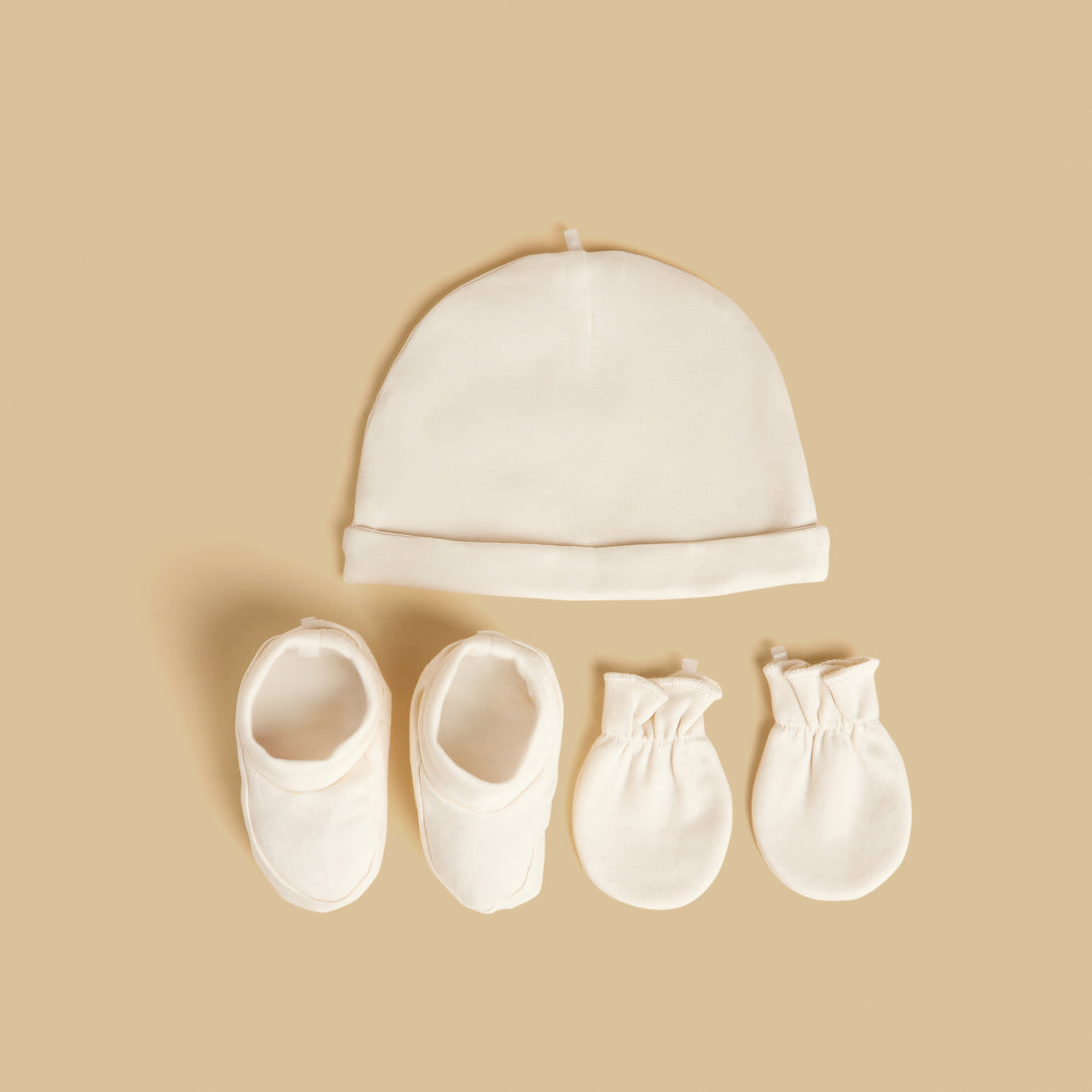 Cotton Beanie Cap with Mittens and Booties - Cream / Free Size