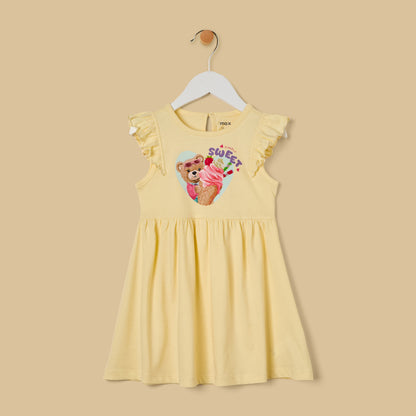Bear Print Cotton Sleeveless Dress - Yellow / 12-18 mths