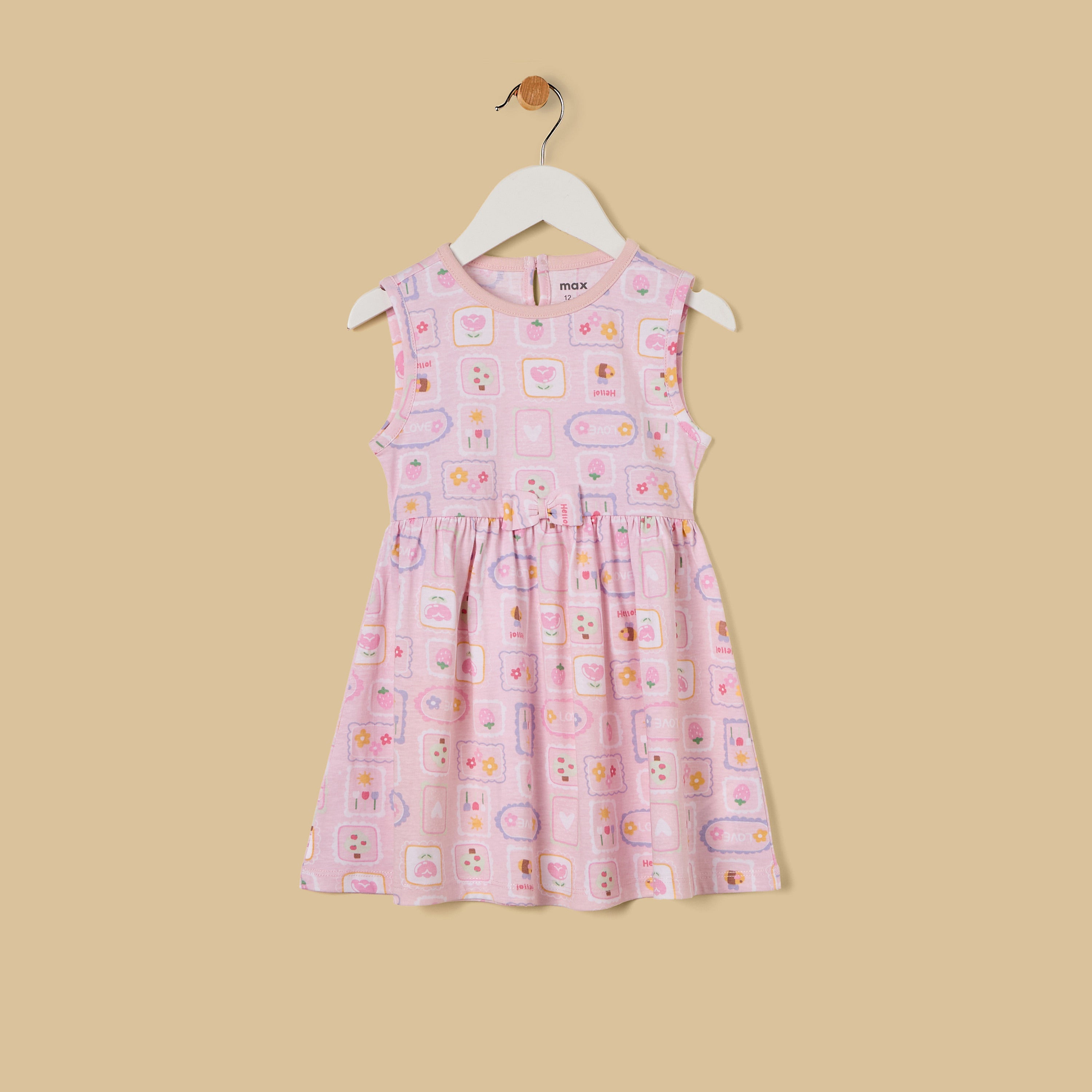 Graphic Print Cotton Sleeveless Dress - Pink / 12-18 mths