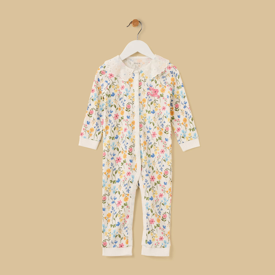 Floral Print Cotton Sleepsuit with Eyelet Collar - White / 12-18 mths