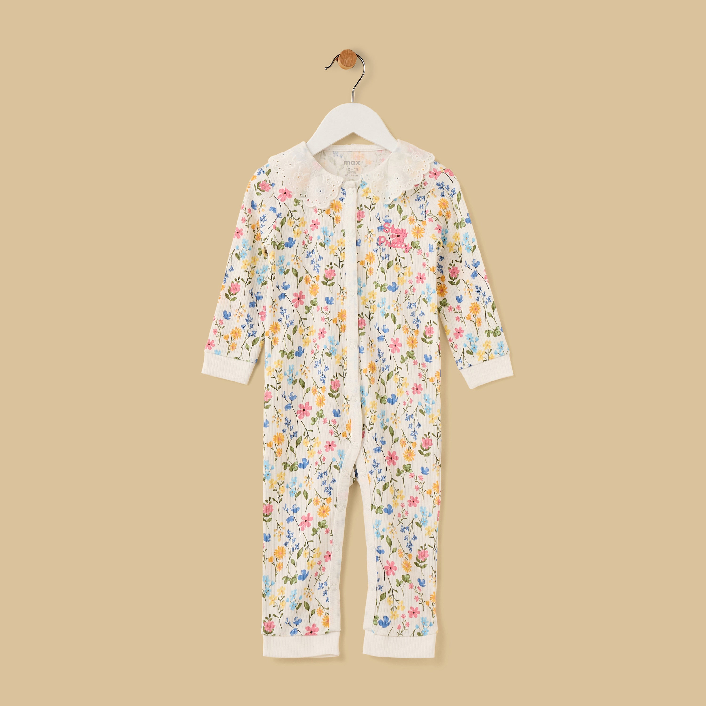 Floral Print Cotton Sleepsuit with Eyelet Collar - White / 12-18 mths