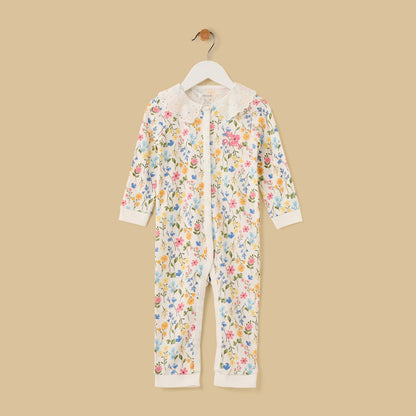 Floral Print Cotton Sleepsuit with Eyelet Collar - White / 12-18 mths