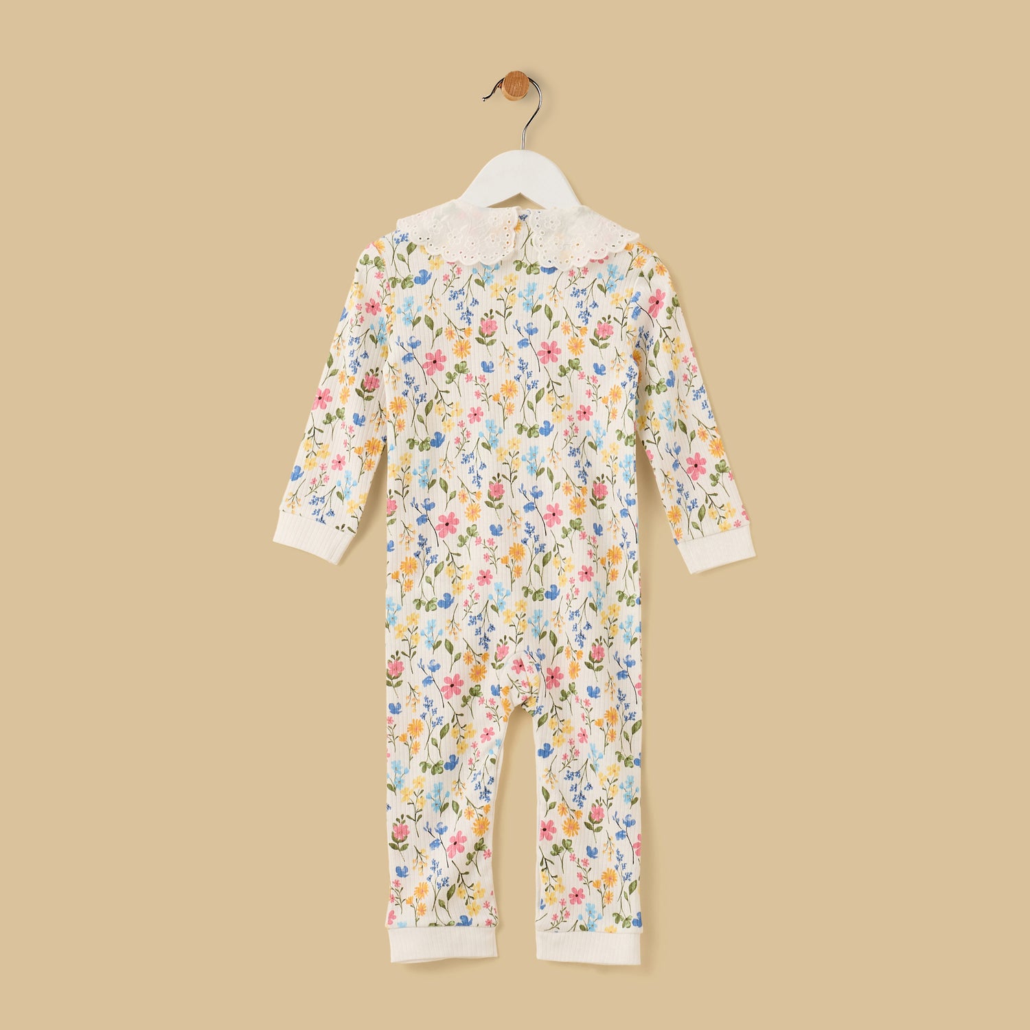 Floral Print Cotton Sleepsuit with Eyelet Collar