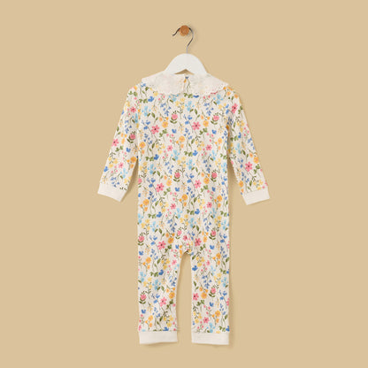 Floral Print Cotton Sleepsuit with Eyelet Collar