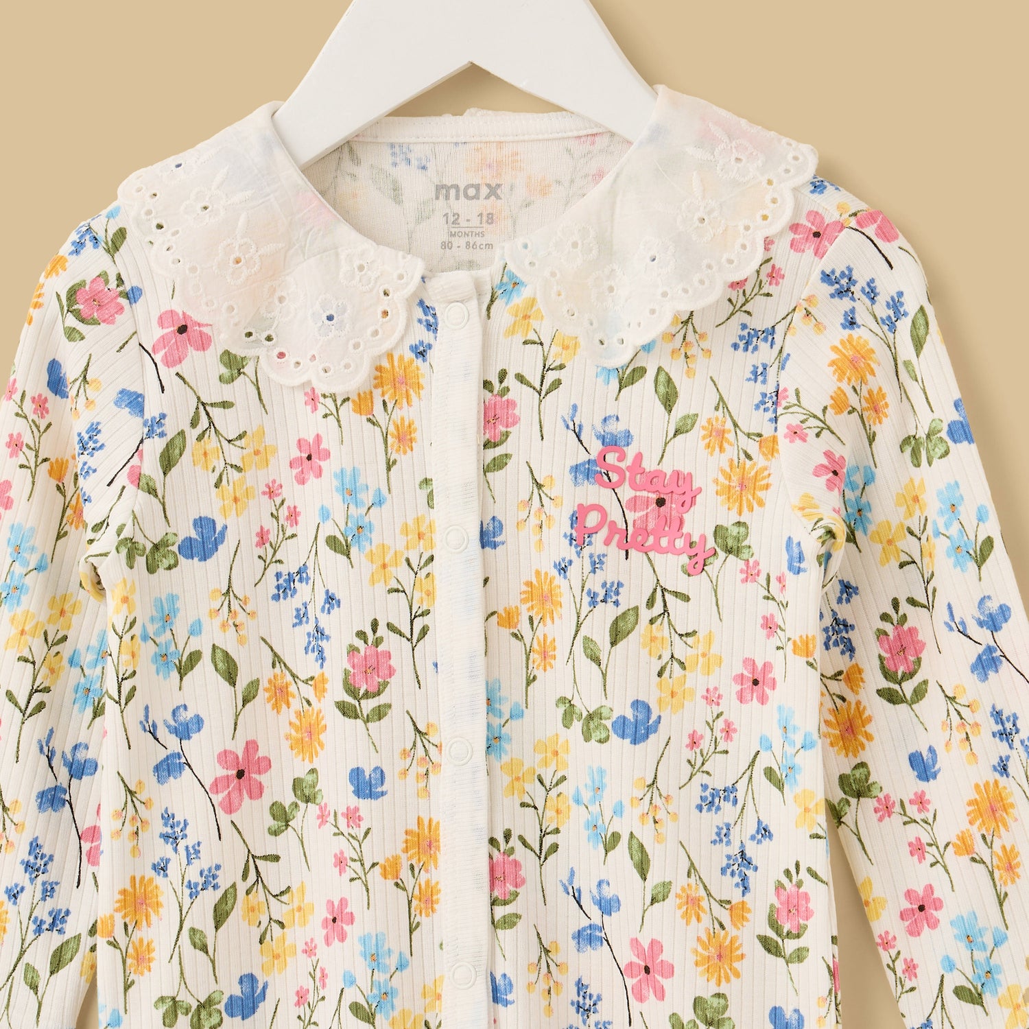 Floral Print Cotton Sleepsuit with Eyelet Collar