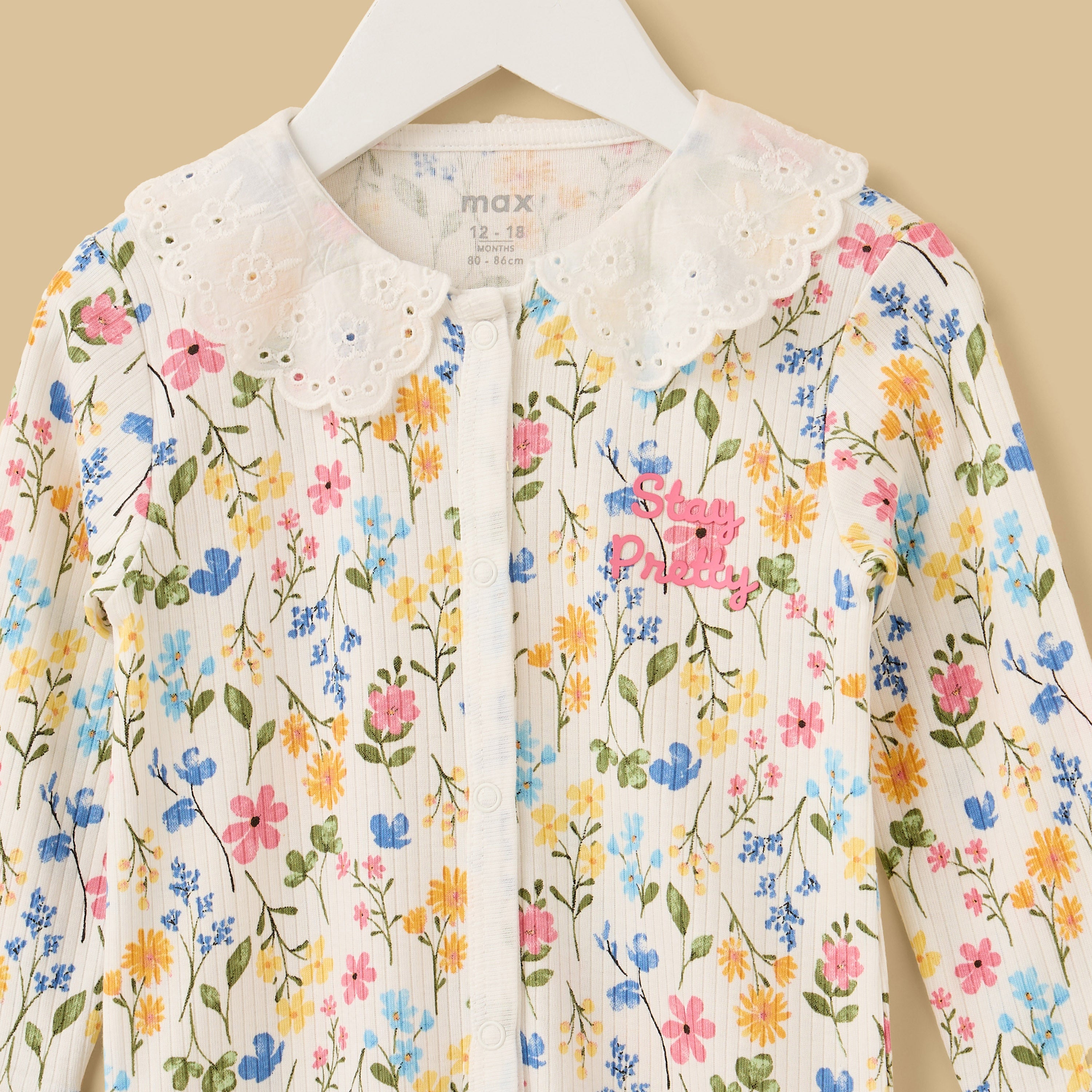 Floral Print Cotton Sleepsuit with Eyelet Collar