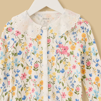 Floral Print Cotton Sleepsuit with Eyelet Collar
