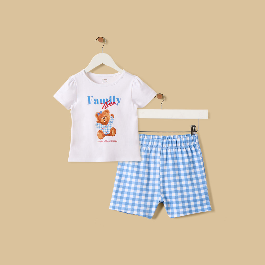 Bear Print Checked Cotton Shorts Set