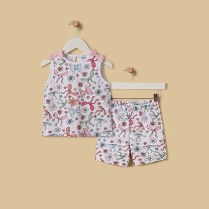 Bow Print Cotton Top and Shorts Set - White / 12-18 mths
