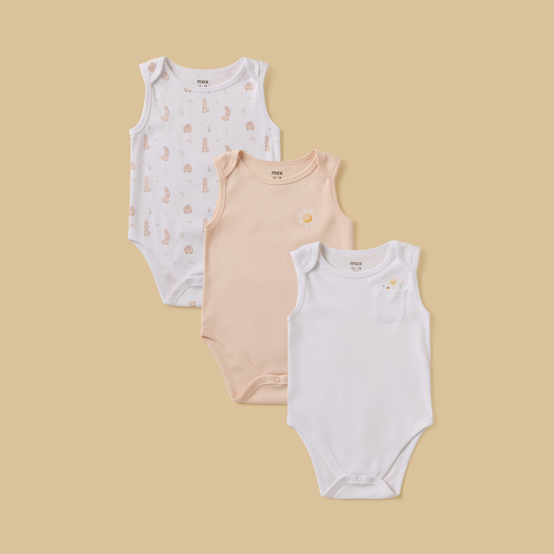 Pack of 3 - Assorted Sleeveless Bodysuit - Multicolour / 12-18 mths