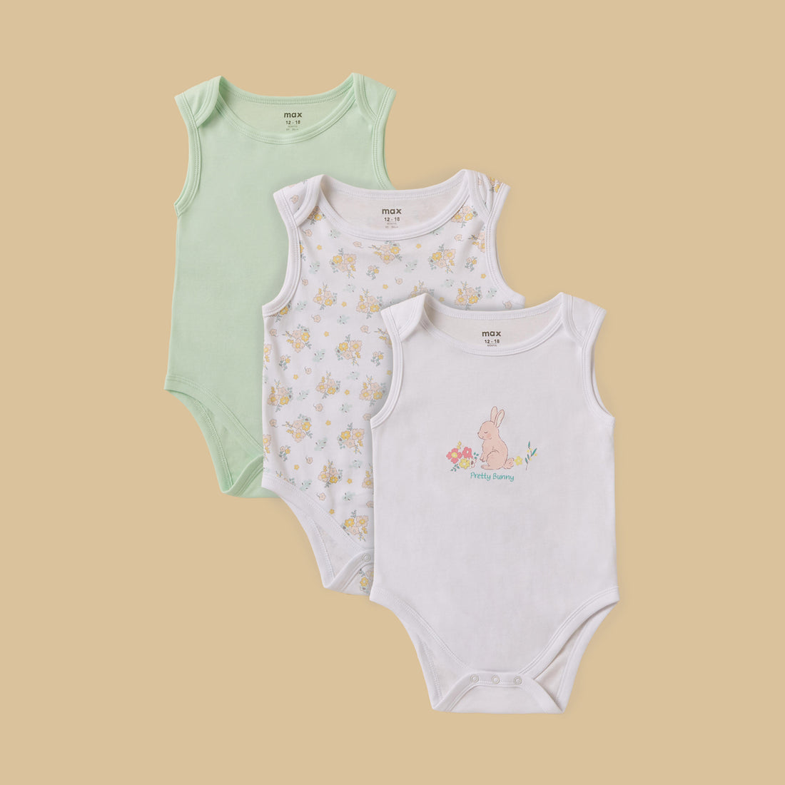 Pack of 3 - Assorted Sleeveless Bodysuit - Multicolour / 12-18 mths