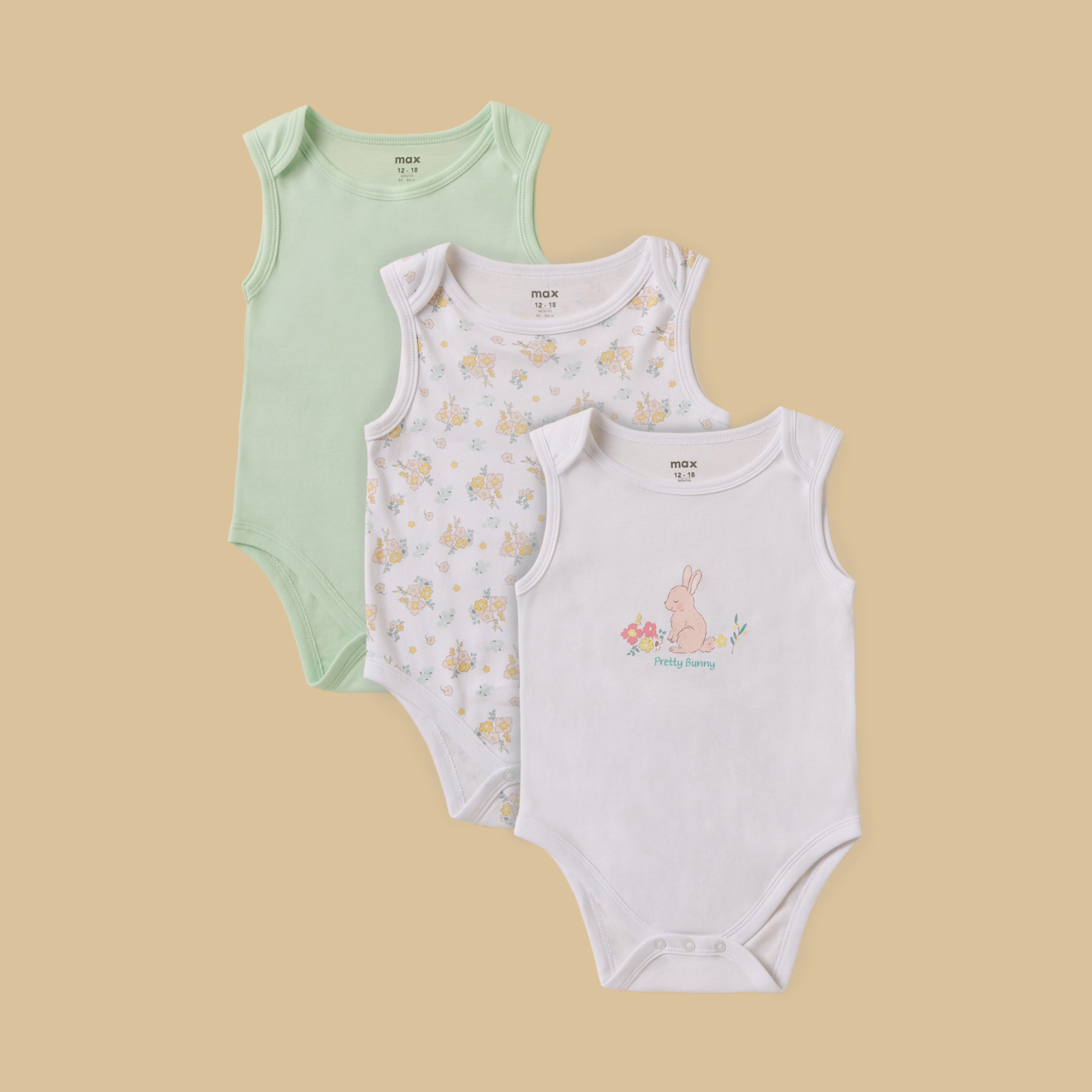 Pack of 3 - Assorted Sleeveless Bodysuit - Multicolour / 12-18 mths