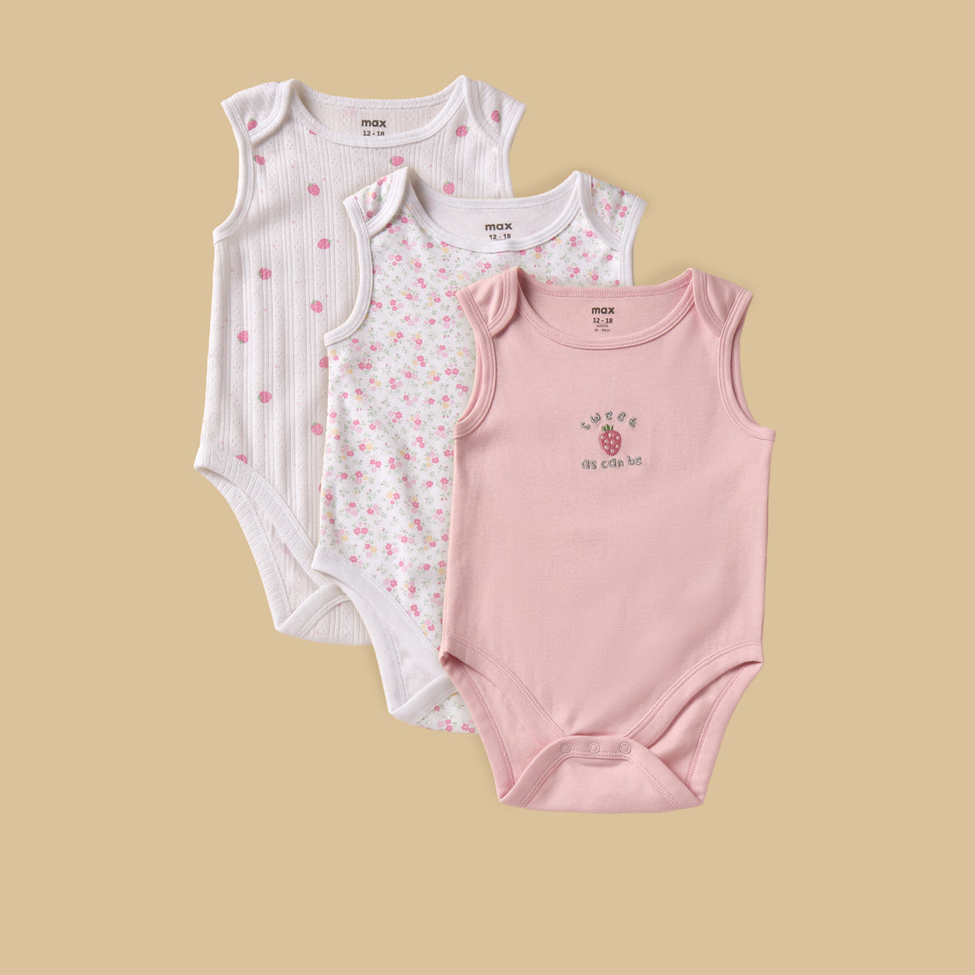 Pack of 3 - Strawberry Print Sleeveless Bodysuit - Pink / 12-18 mths