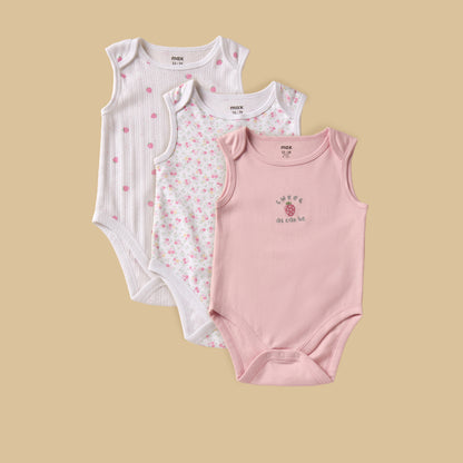 Pack of 3 - Strawberry Print Sleeveless Bodysuit - Pink / 12-18 mths