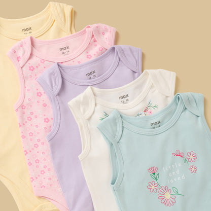 Pack of 5 - Floral Print Sleeveless Cotton Bodysuit