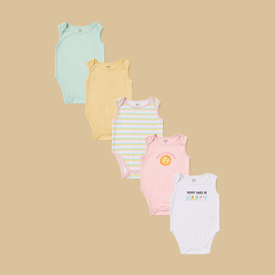 Pack of 5 - Assorted Sleeveless Cotton Bodysuit - Pink / 12-18 mths