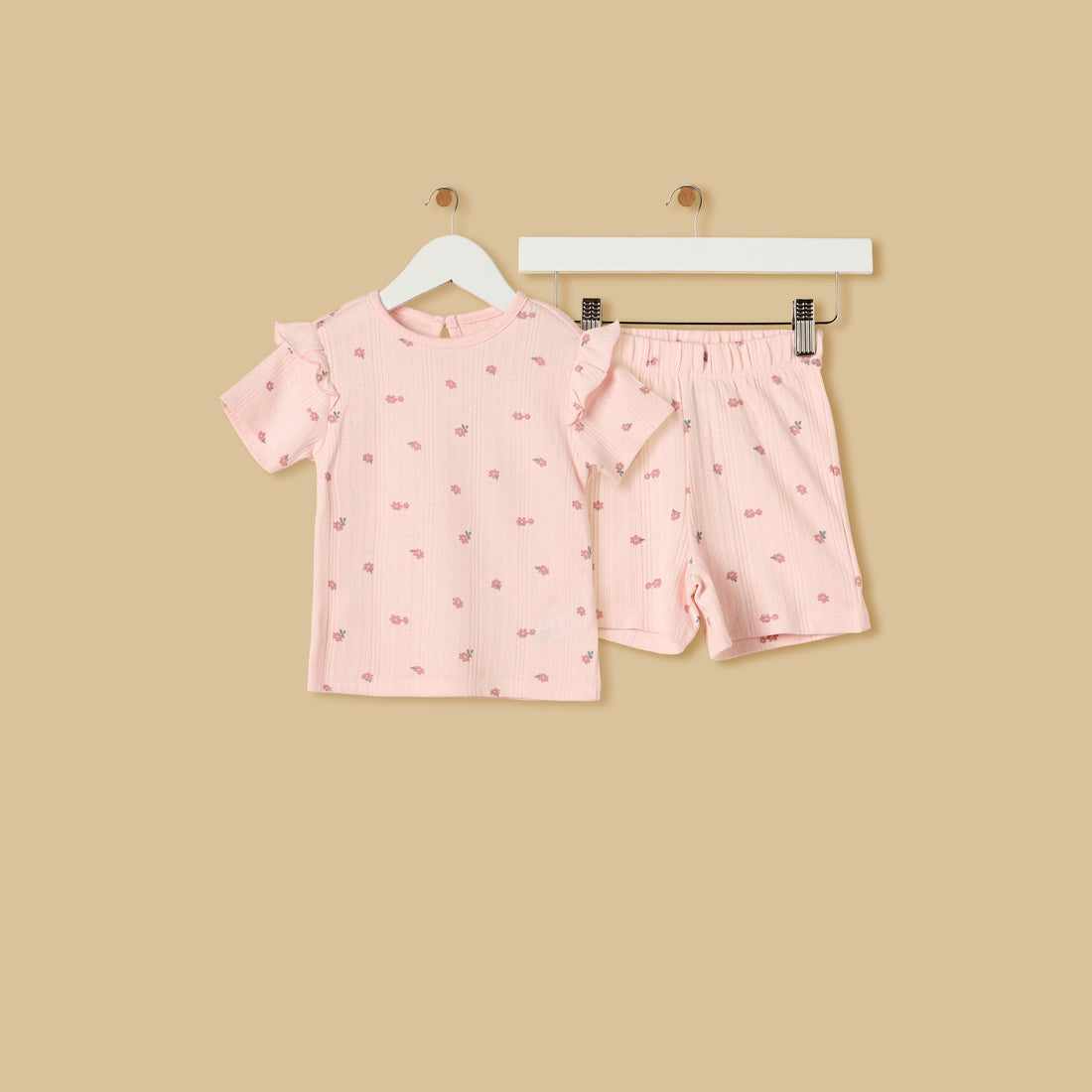 Floral Print Pointelle Cotton Shorts Set - Pink / 18-24 mths