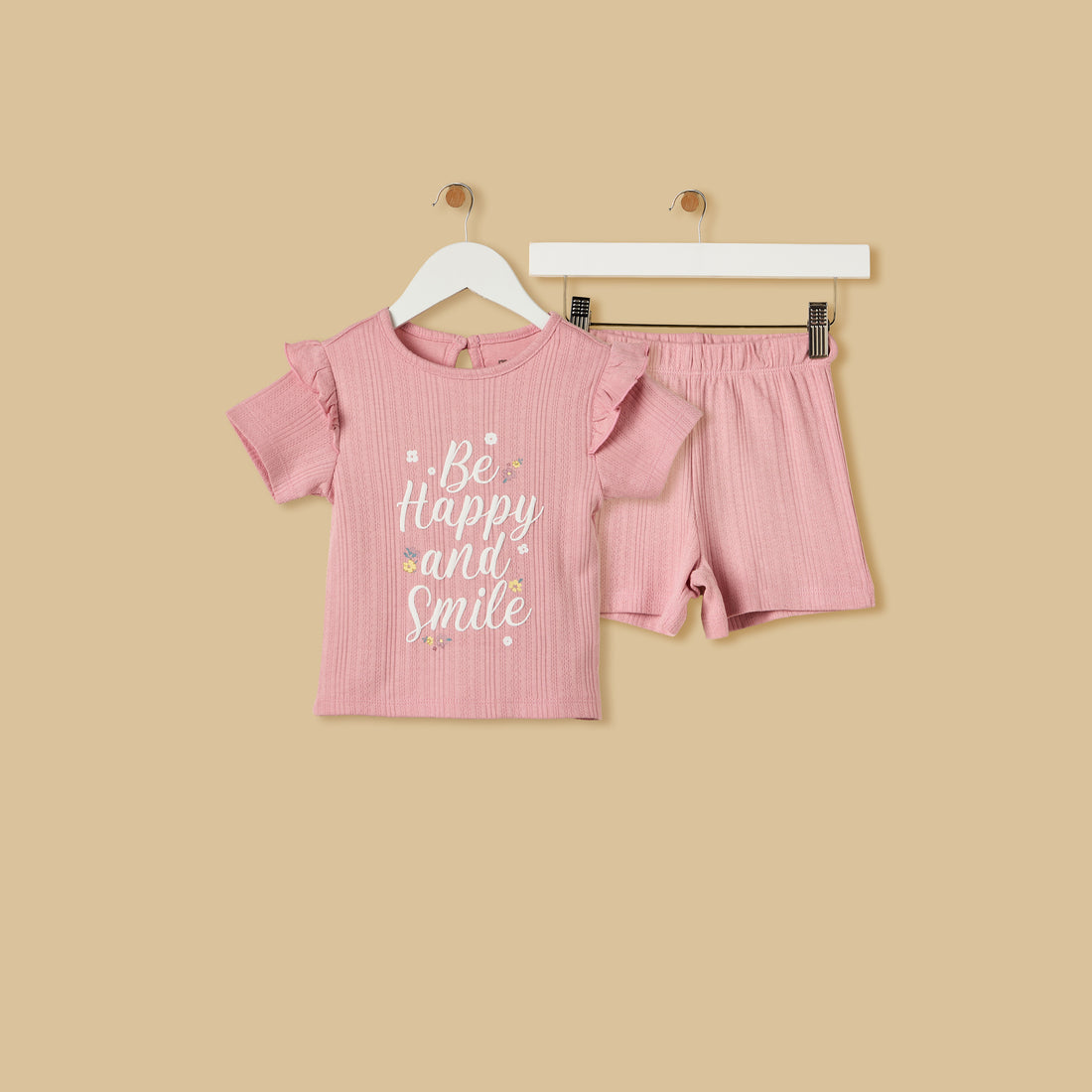 Slogan Print Cotton Shorts Set - Pink / 12-18 mths