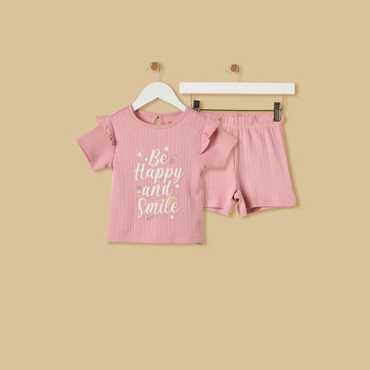 Slogan Print Cotton Shorts Set - Pink / 12-18 mths