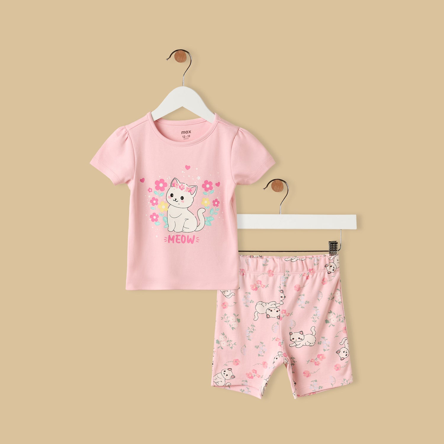 Cat Print Shorts Set - Pink / 12-18 mths