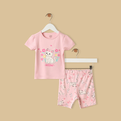 Cat Print Shorts Set - Pink / 12-18 mths
