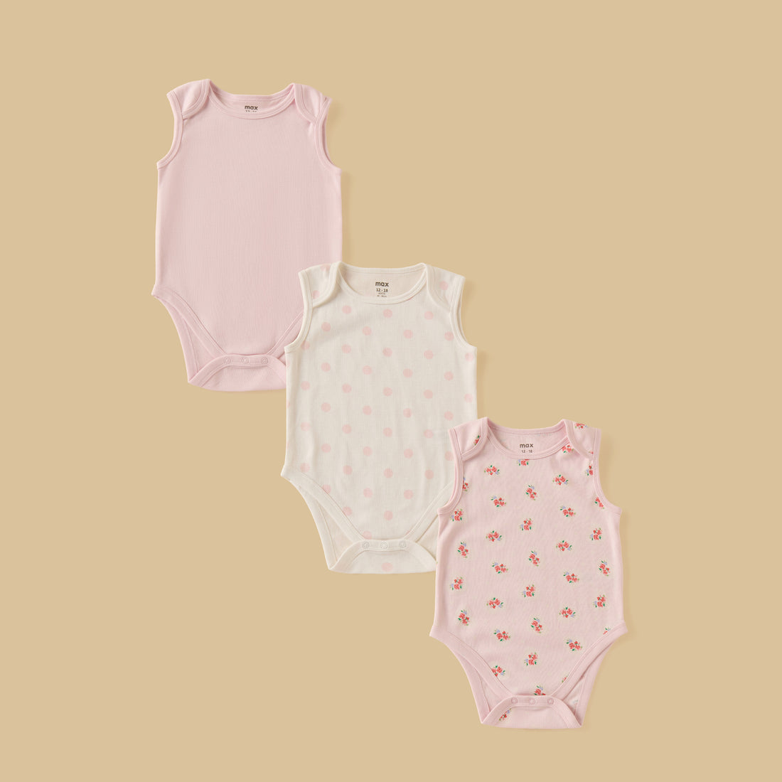 Pack of 3 - Assorted Sleeveless Cotton Bodysuit - Multicolour / 12-18 mths