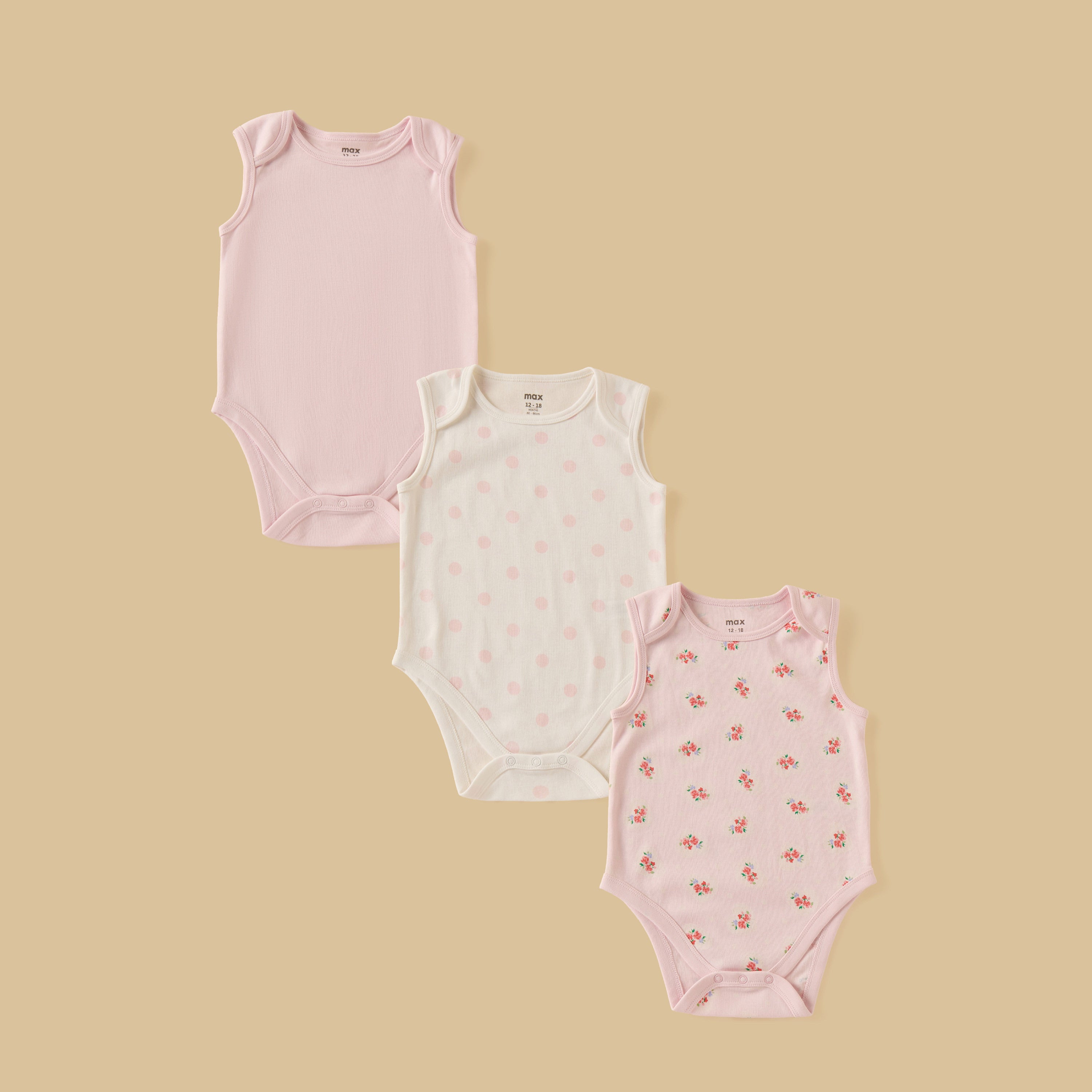 Pack of 3 - Assorted Sleeveless Cotton Bodysuit - Multicolour / 12-18 mths