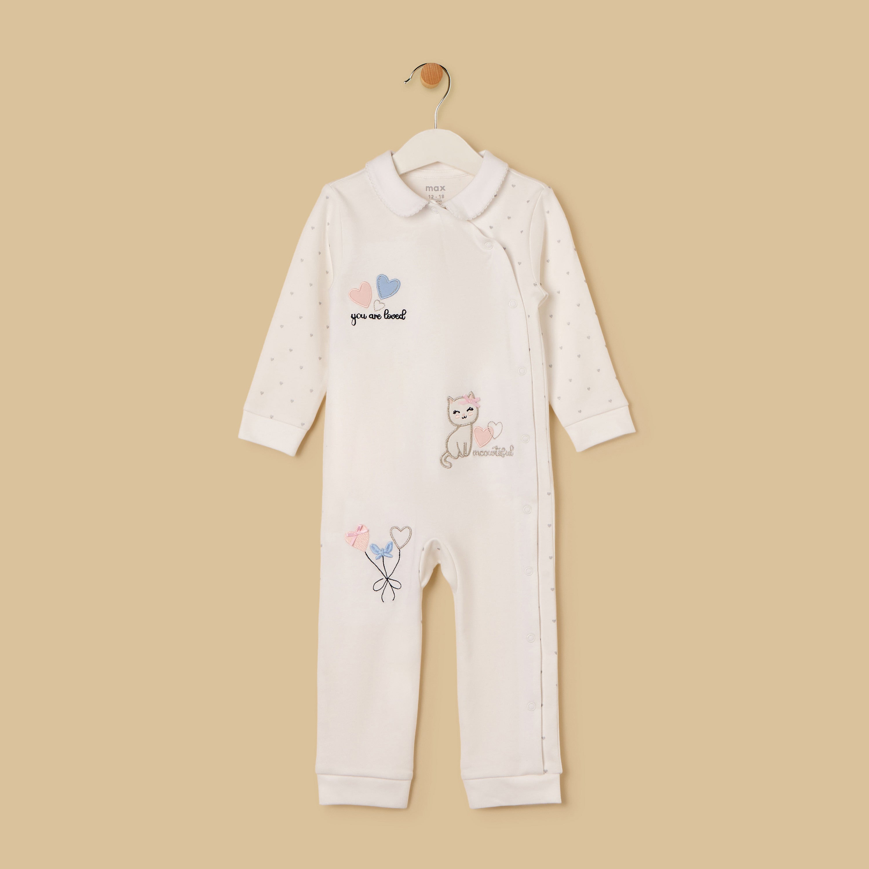 Cat Embroidered Collared Sleepsuit - White / 12-18 mths