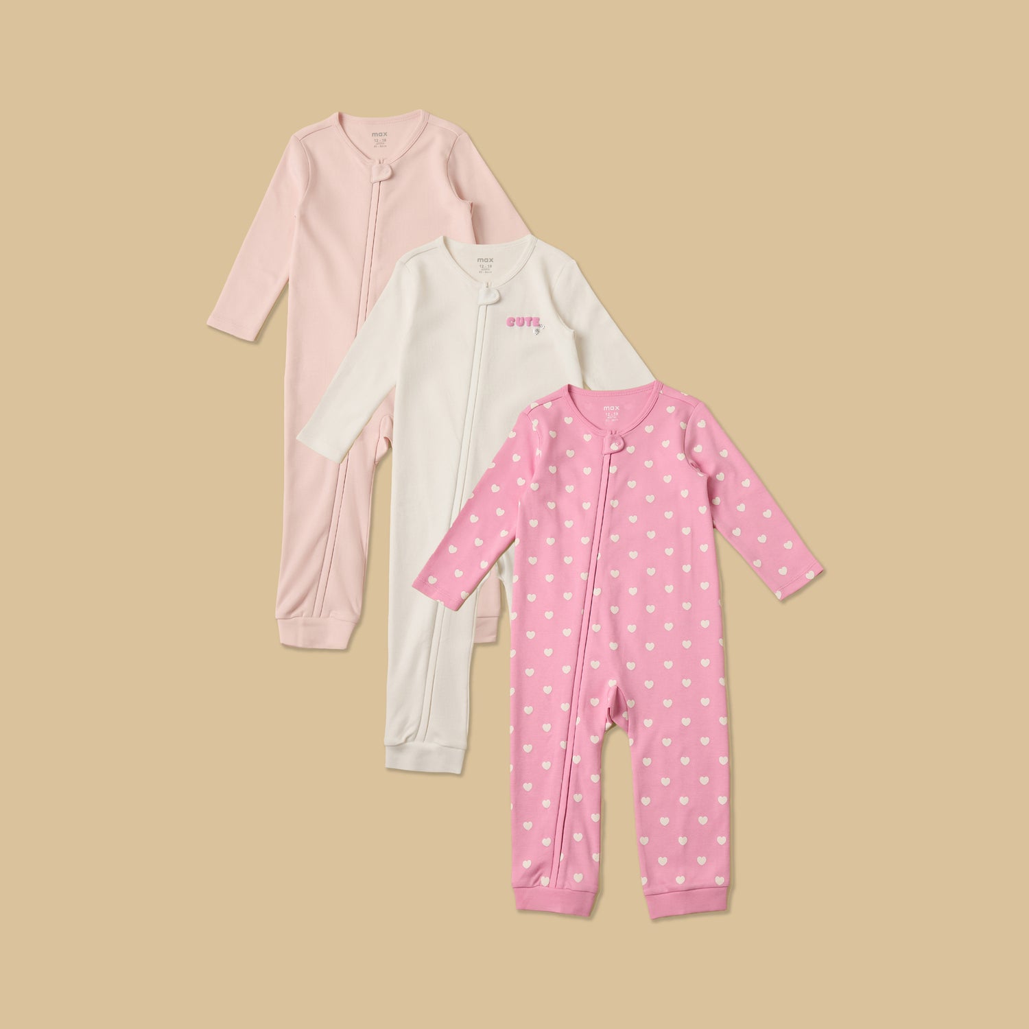 Pack of 3 - Heart Print Sleepsuit - Multicolour / 12-18 mths
