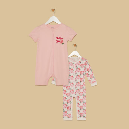 Floral Print Sleepsuit and Romper Set - Pink / 12-18 mths