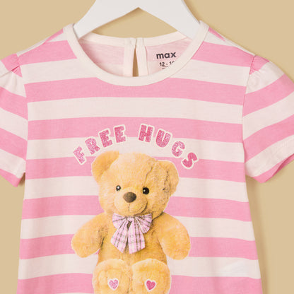 Teddy Bear Print Striped Top