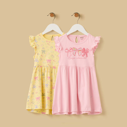 Pack of 2 - Bow Print Cotton Dress - Multicolour / 12-18 mths