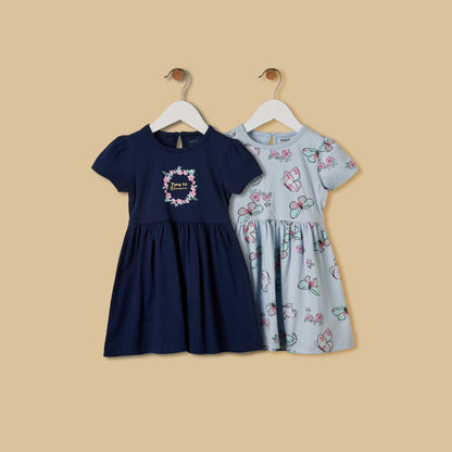 Pack of 2 - Printed Cotton Dress - Blue / 12-18 mths