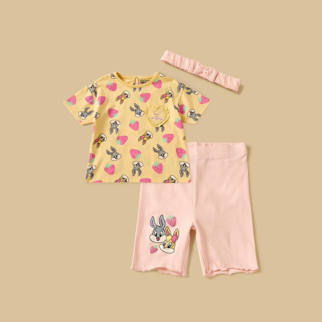 Looney Tunes Print Cotton T-shirt with Shorts and Headband