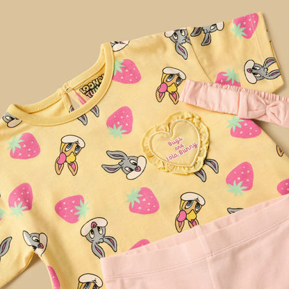 Looney Tunes Print Cotton T-shirt with Shorts and Headband