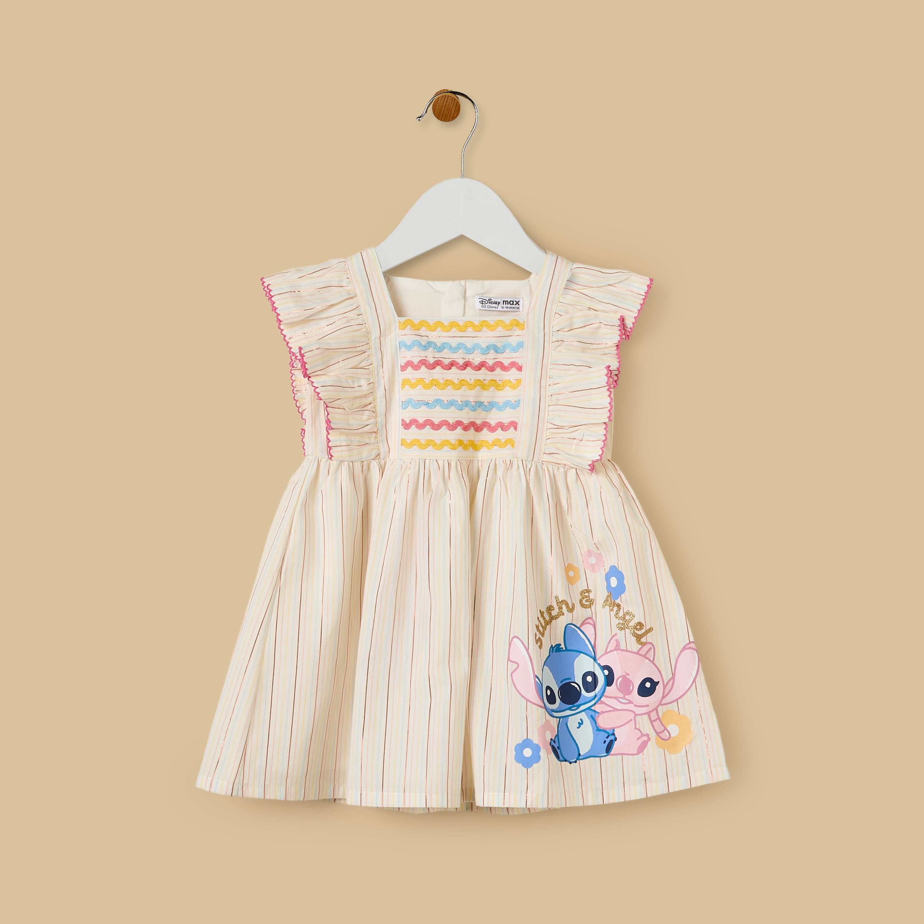 Angel and Stitch Print Striped Ruffle Sleeves Dress