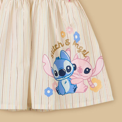Angel and Stitch Print Striped Ruffle Sleeves Dress