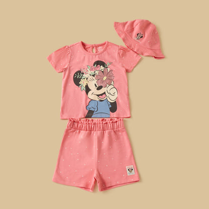Minnie Mouse Print T-shirt with Shorts and Cap
